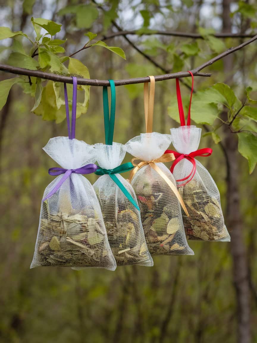 Four herbal sachets in a mesh bags hanging on a branch, filled with dried herbs.