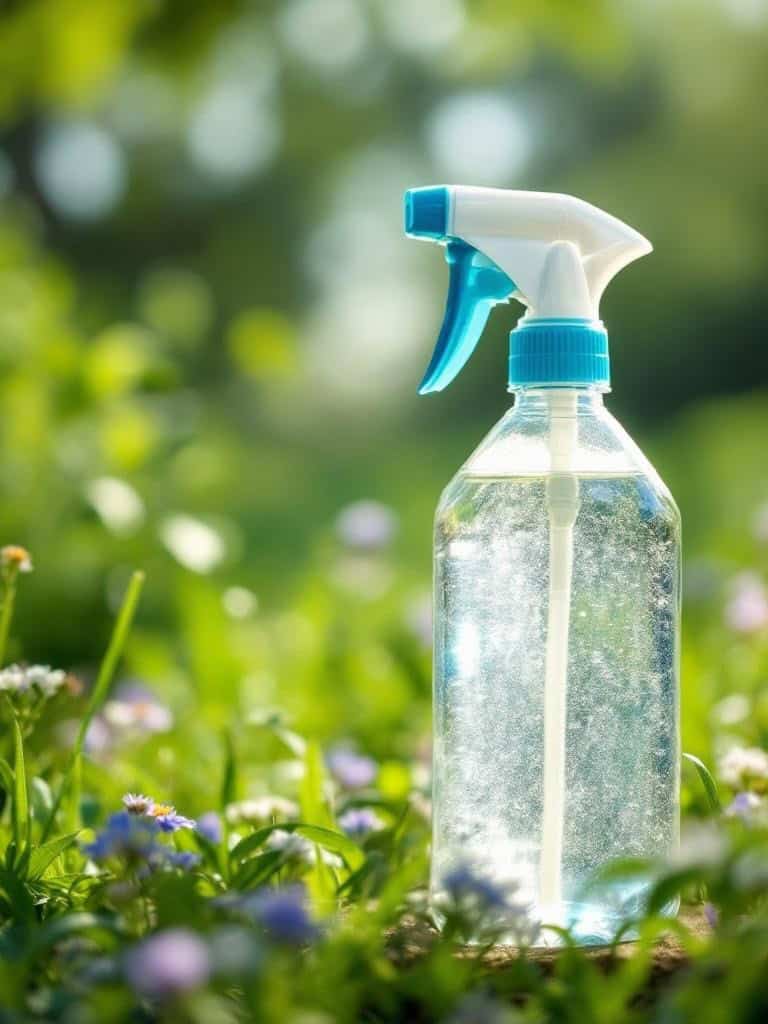 A spray bottle filled with water, sitting on grass with flowers.