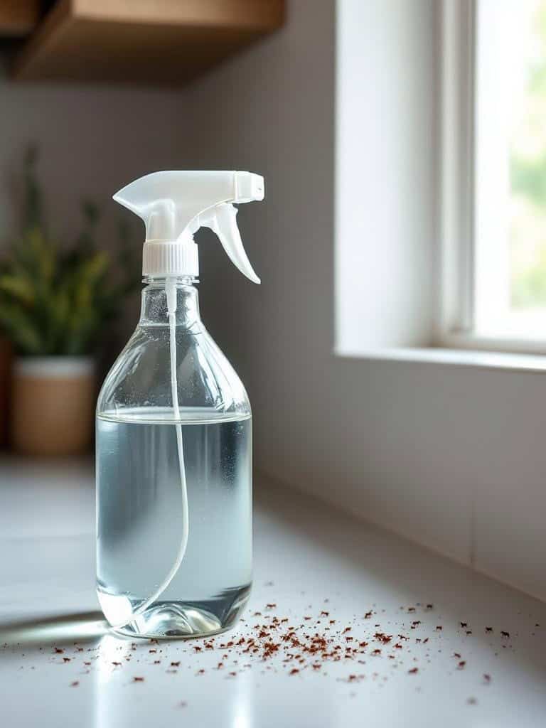 A spray bottle filled with a clear vinegar solution, placed on a countertop with scattered ants nearby.