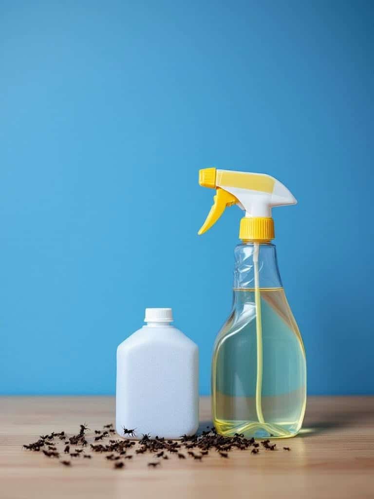 Natural ant spray made with dish soap and water, with ants on a surface.
