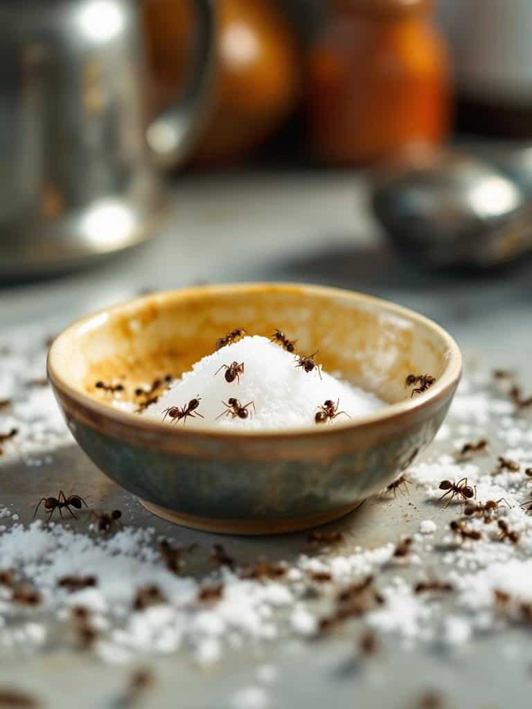 A bowl filled with sugar and baking soda surrounded by ants.