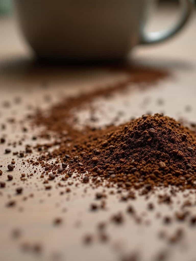 A close-up of scattered coffee grounds on a surface.