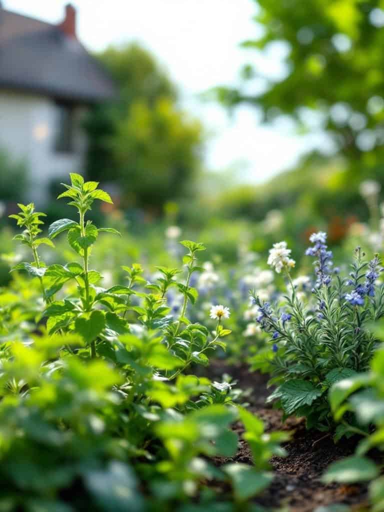 A vibrant garden with various herbs and flowers, showcasing mint and other plants.