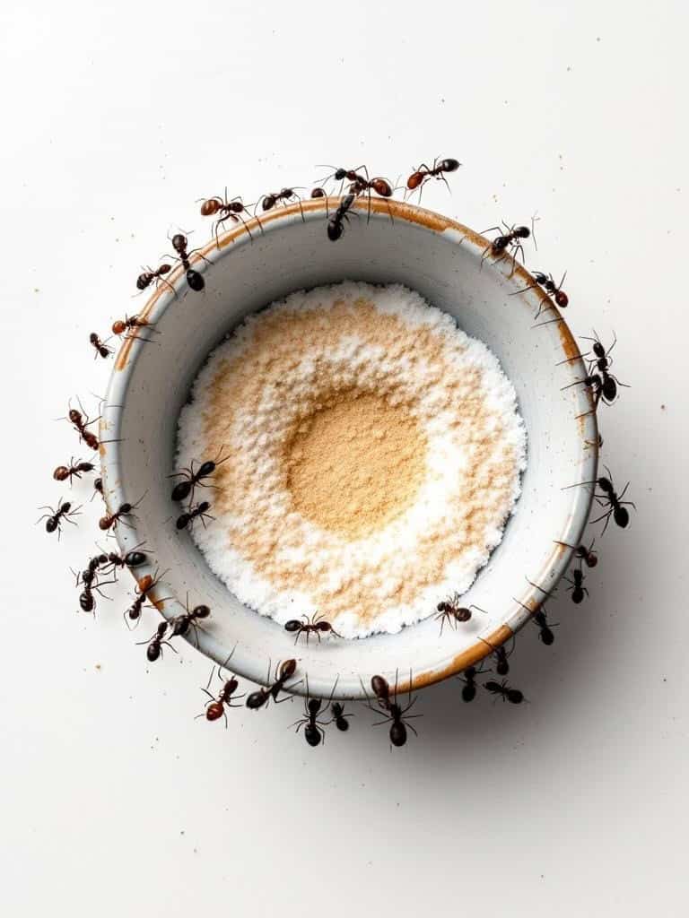 A bowl with a mixture of sugar and borax surrounded by ants.