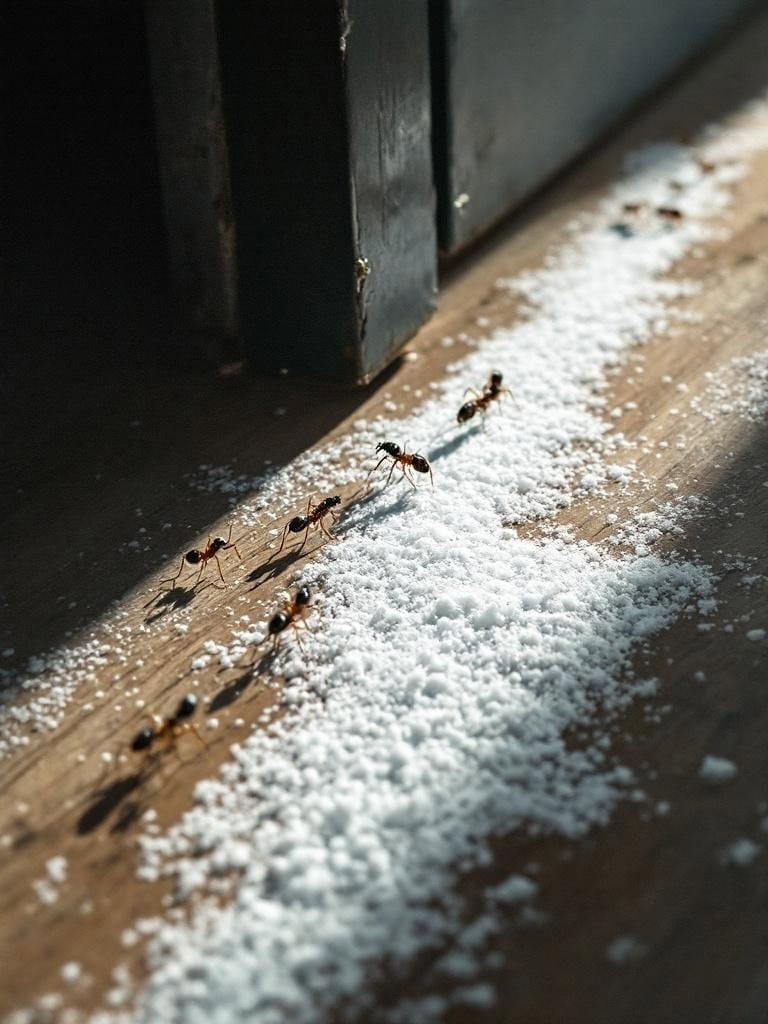 A close-up of ants on a wooden floor with salt sprinkled as a barrier.