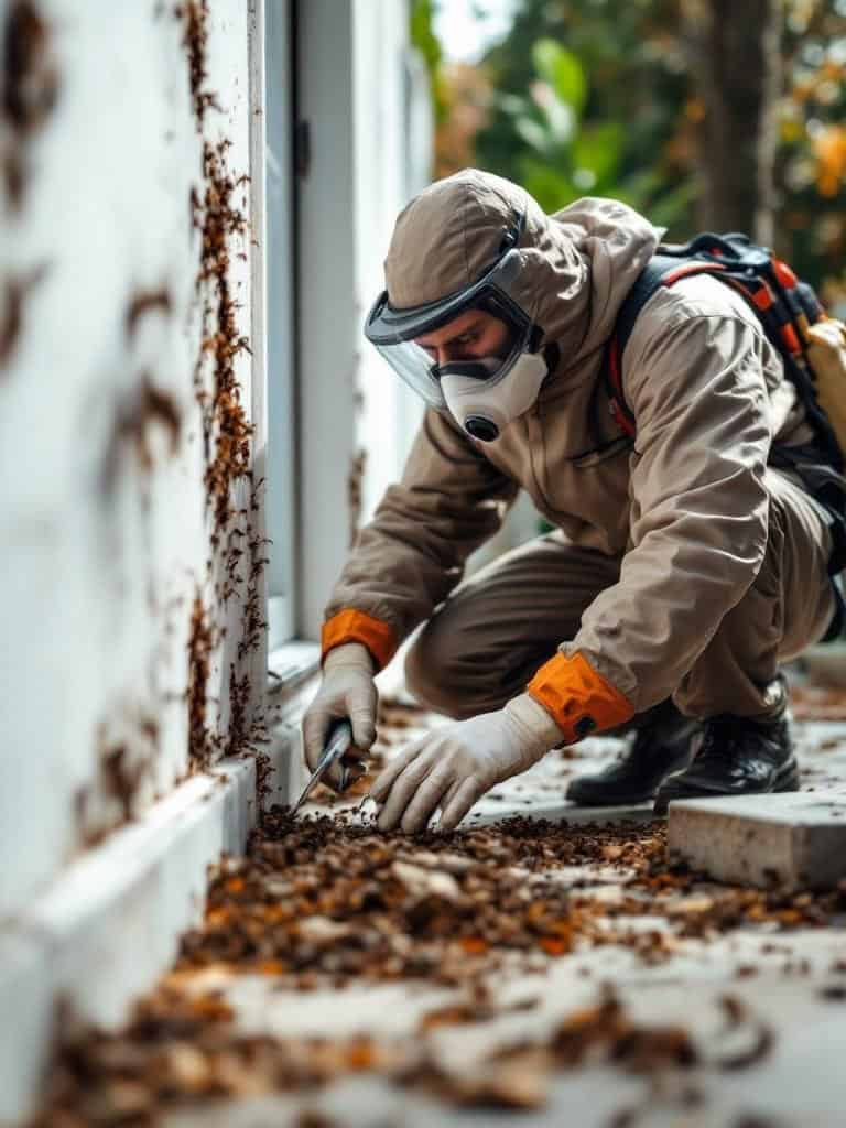 A pest control professional in protective gear treating an ant infestation outside a house.