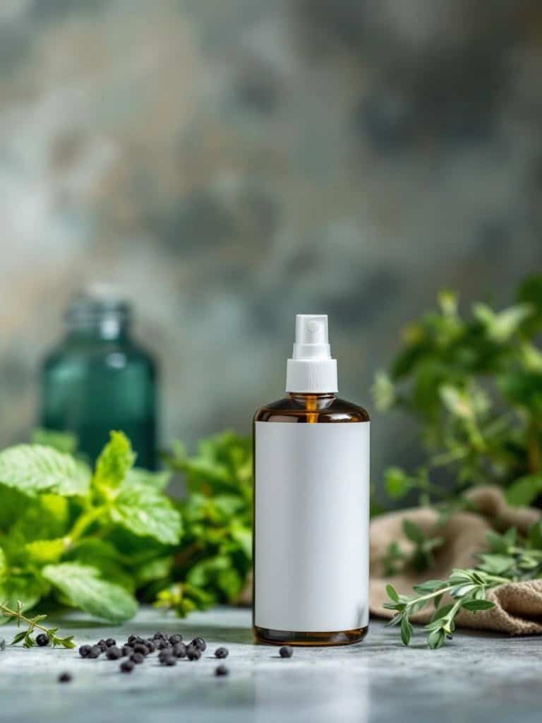 A bottle of essential oil spray surrounded by fresh herbs and plants.
