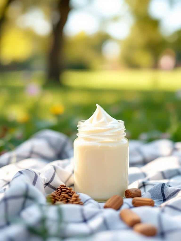A jar of homemade natural bug-repellent lotion on a checkered cloth with nuts.