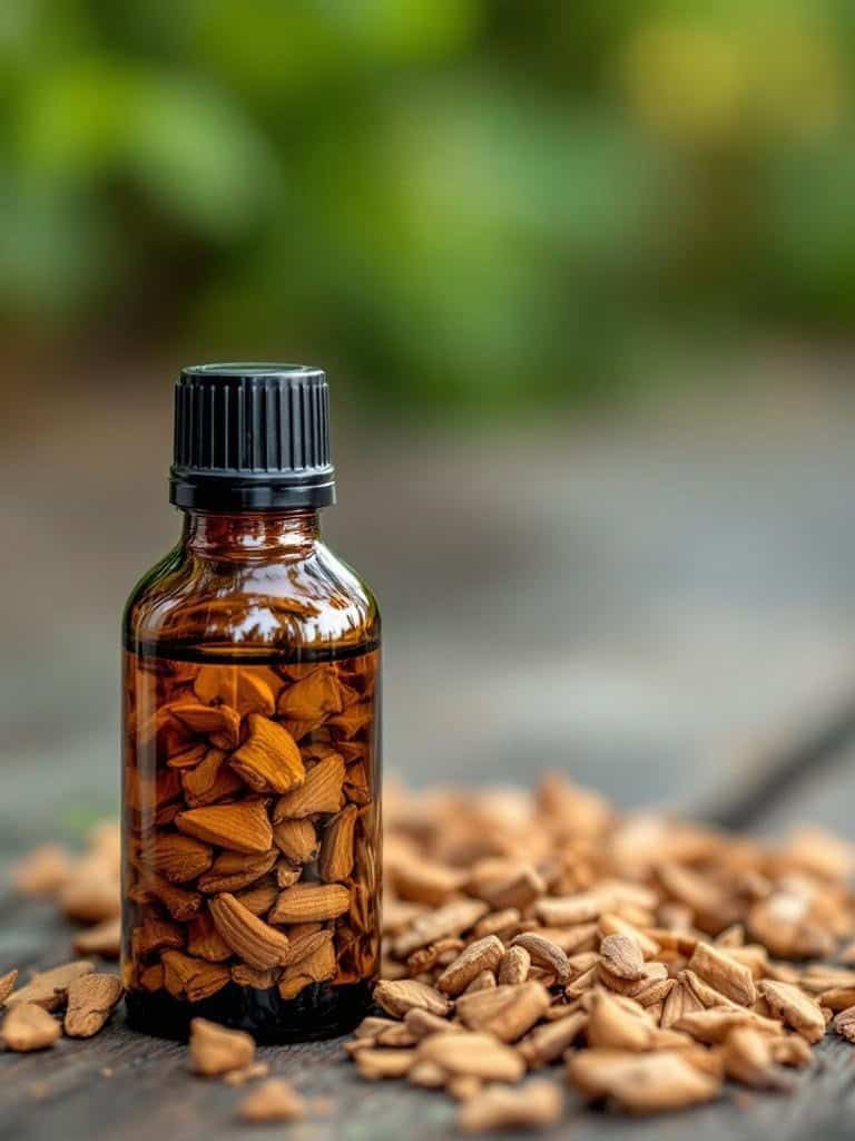 A bottle of cedar oil surrounded by cedar wood chips.