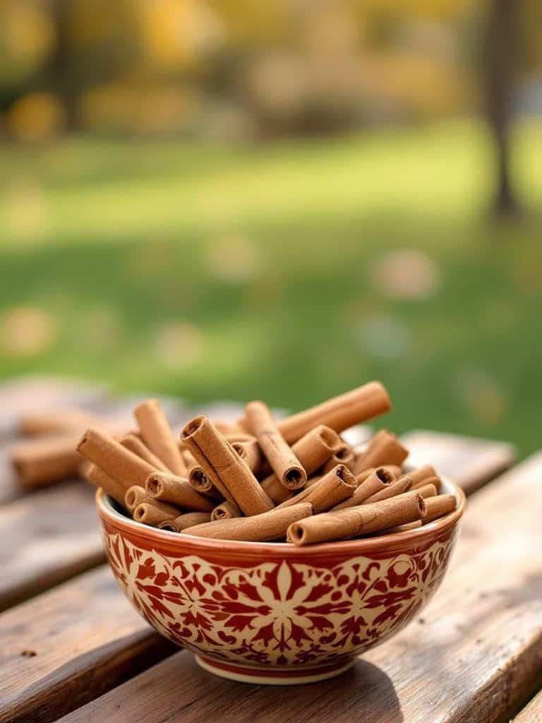 A bowl filled with cinnamon sticks on a wooden table outdoors.