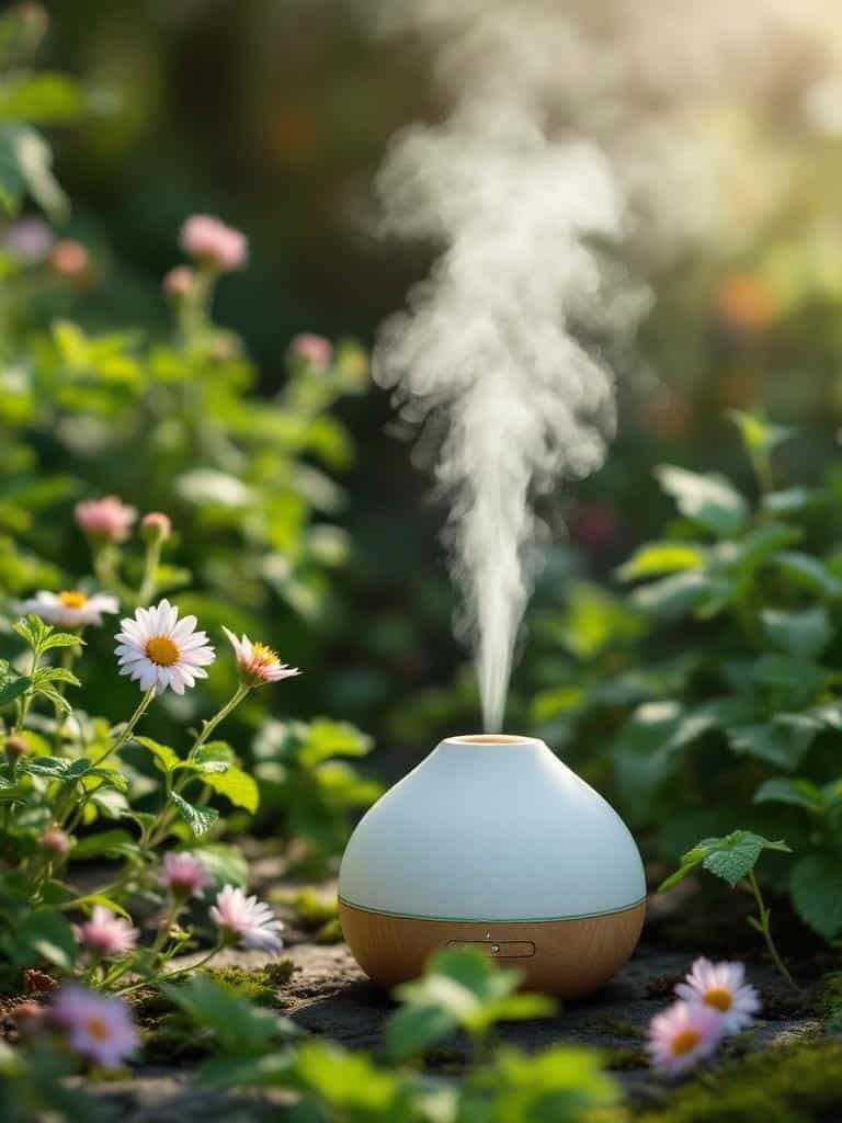 A peppermint oil diffuser releasing steam surrounded by flowers in a garden.