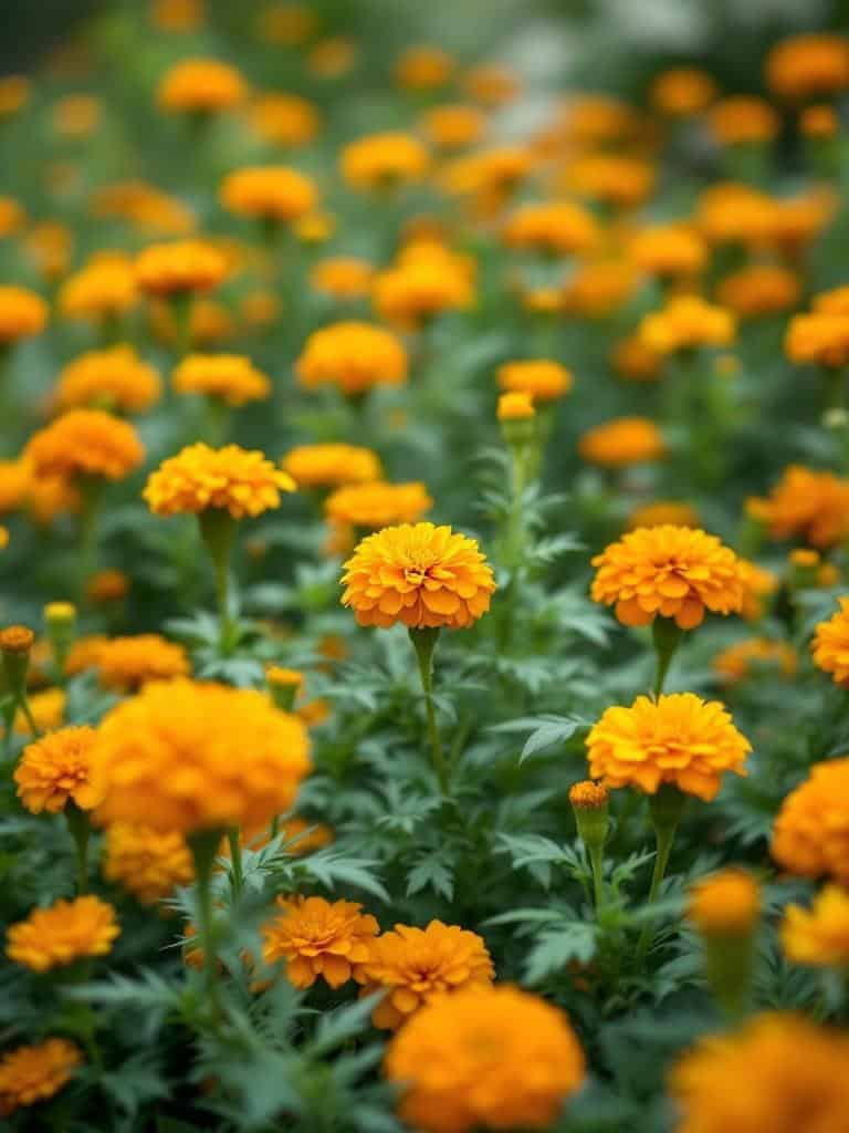 A vibrant field of marigold flowers in full bloom.