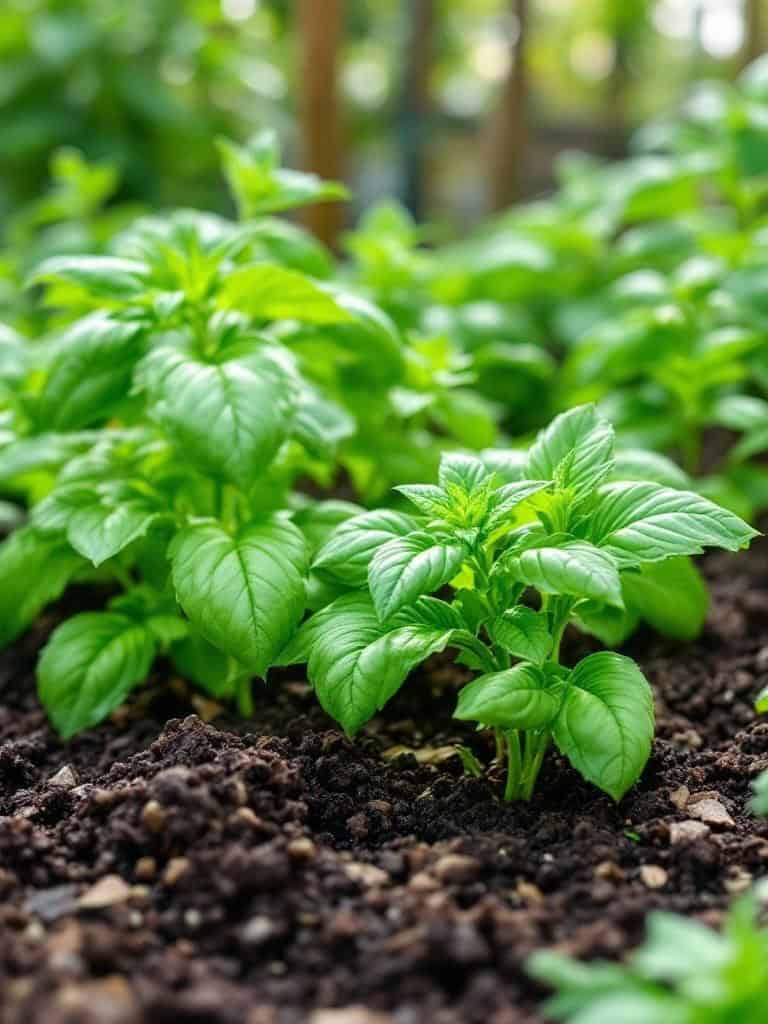 Close-up of fresh basil and mint plants growing in soil.