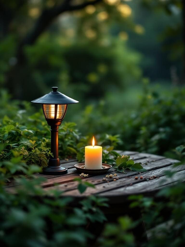 A citronella candle on a wooden table surrounded by greenery