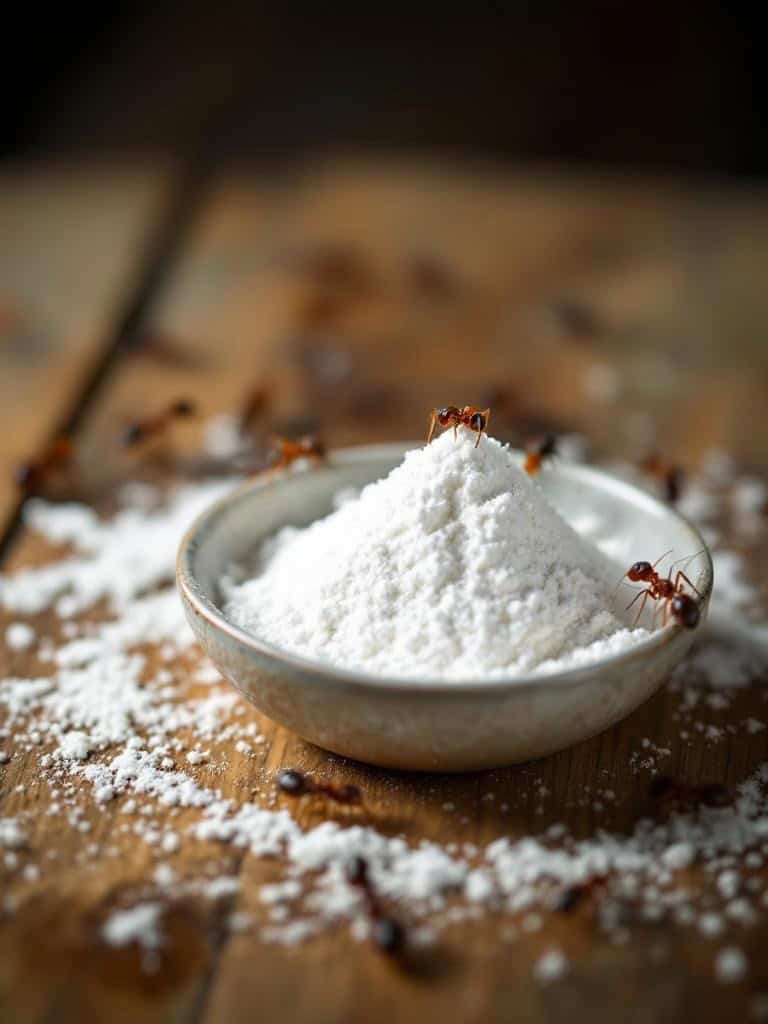 A bowl of white powder with ants around it on a wooden surface.