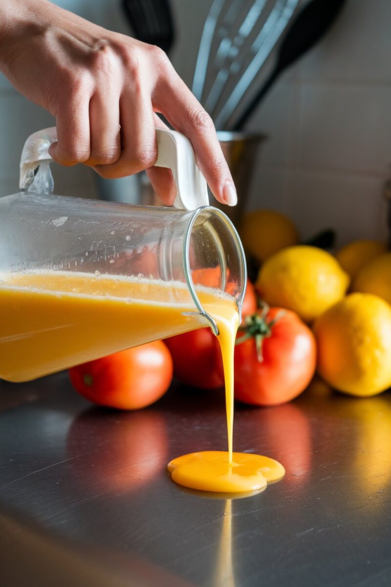 A hand pouring juice onto a countertop with tomatoes and lemons in the background.