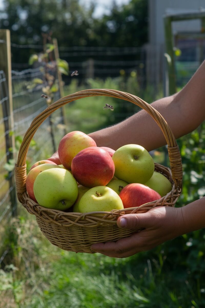 Hands holding fruit with fruit flies present.