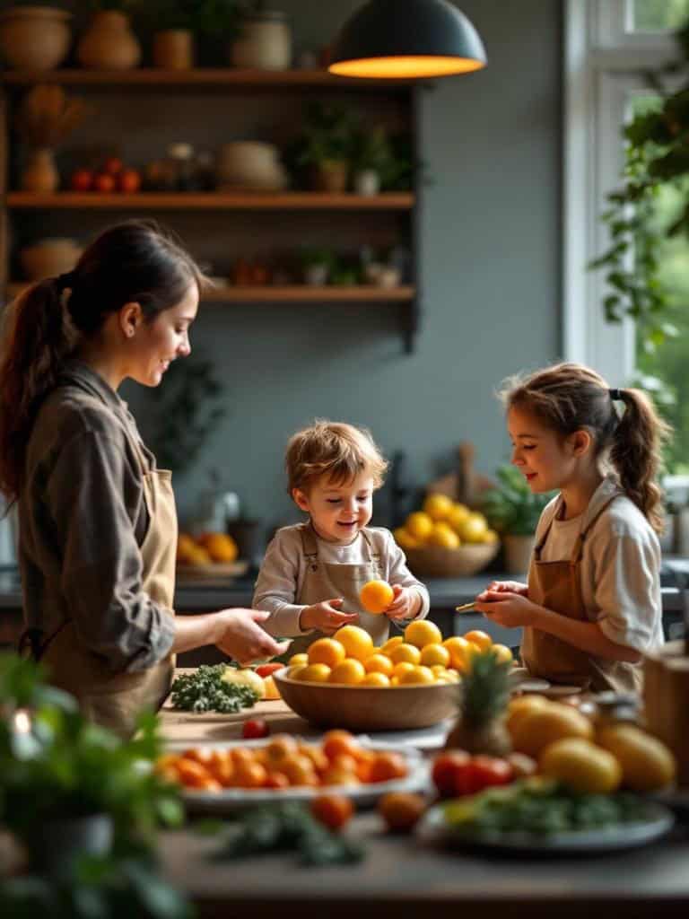A family in a kitchen, preparing fruits and vegetables together.