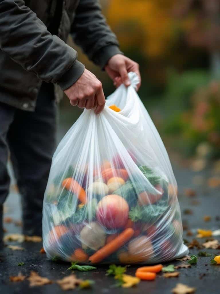 Person holding a bag of trash filled with fruits and vegetables