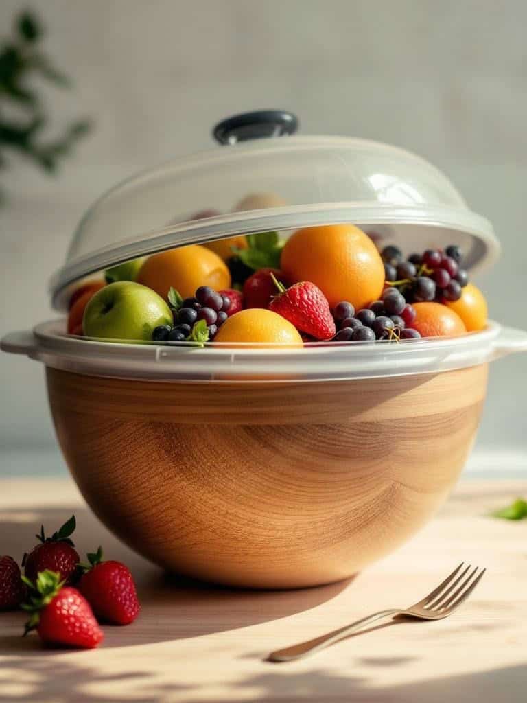 A bowl filled with various fruits, covered with a transparent lid, sitting on a wooden surface.