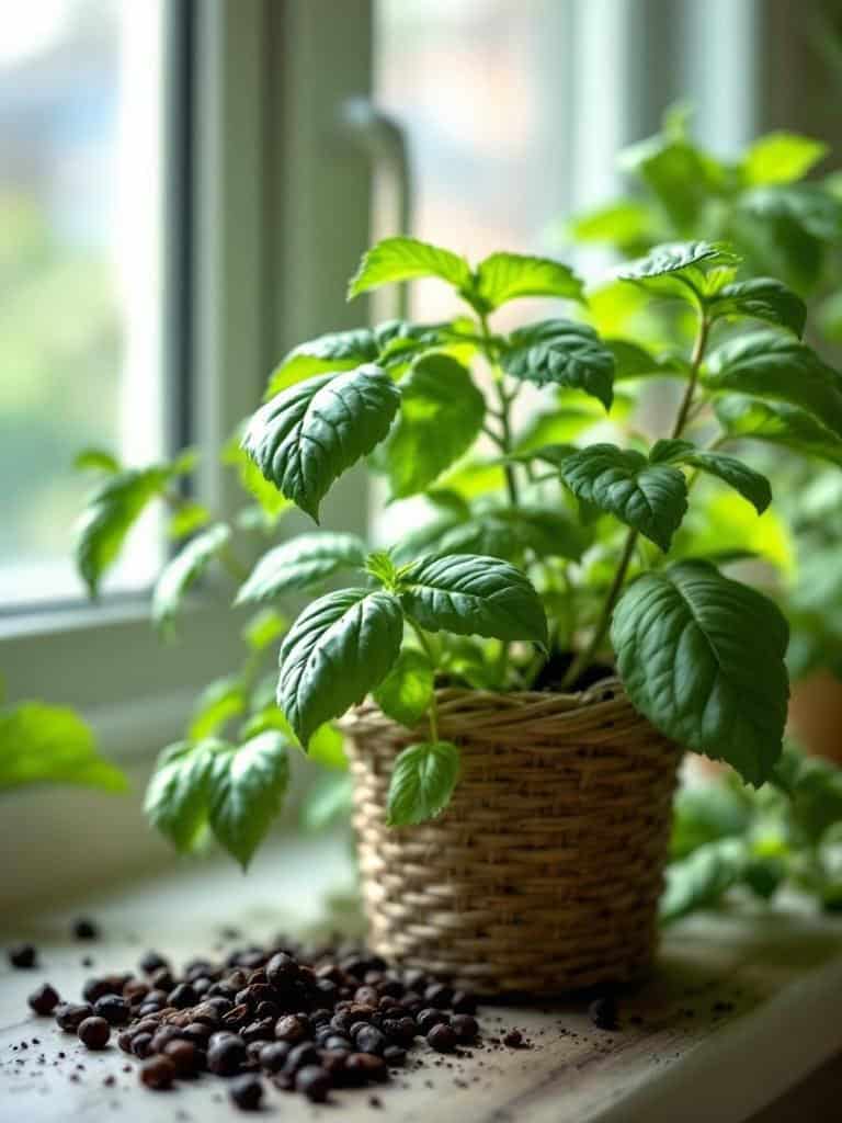 A potted herb plant on a windowsill with scattered coffee beans.
