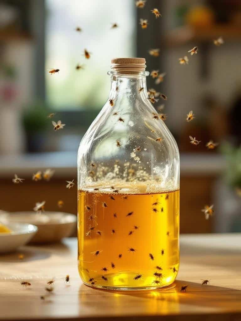 A glass jar filled with apple cider vinegar, surrounded by fruit flies.