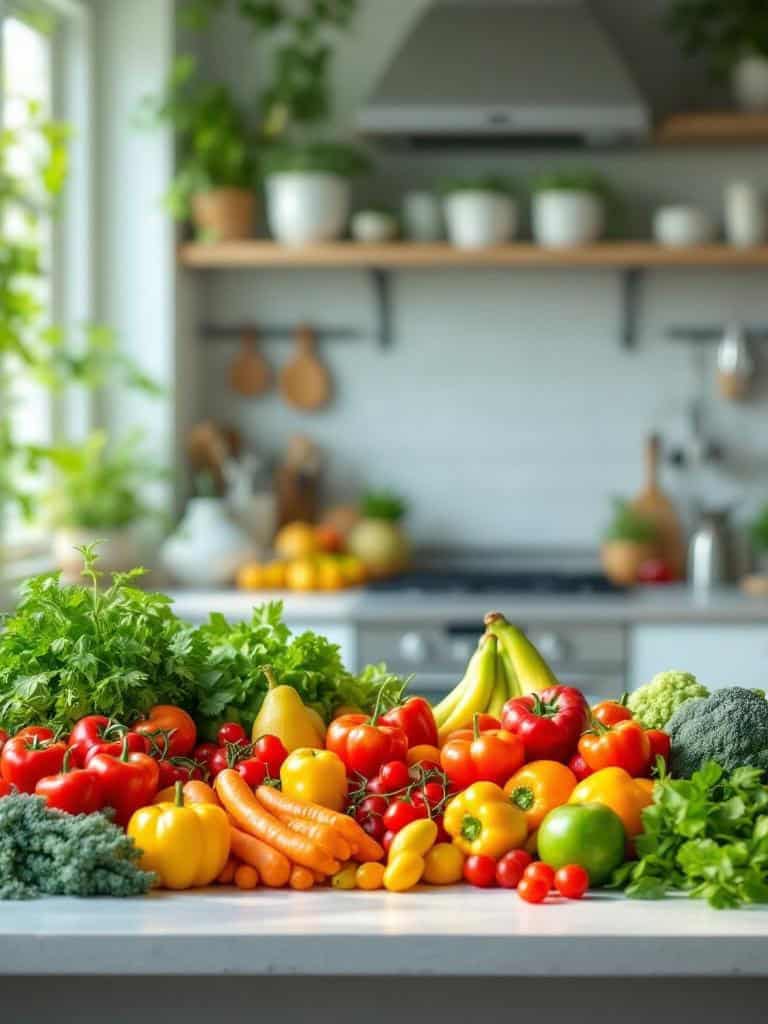 A colorful assortment of fresh vegetables and fruits on a kitchen counter.