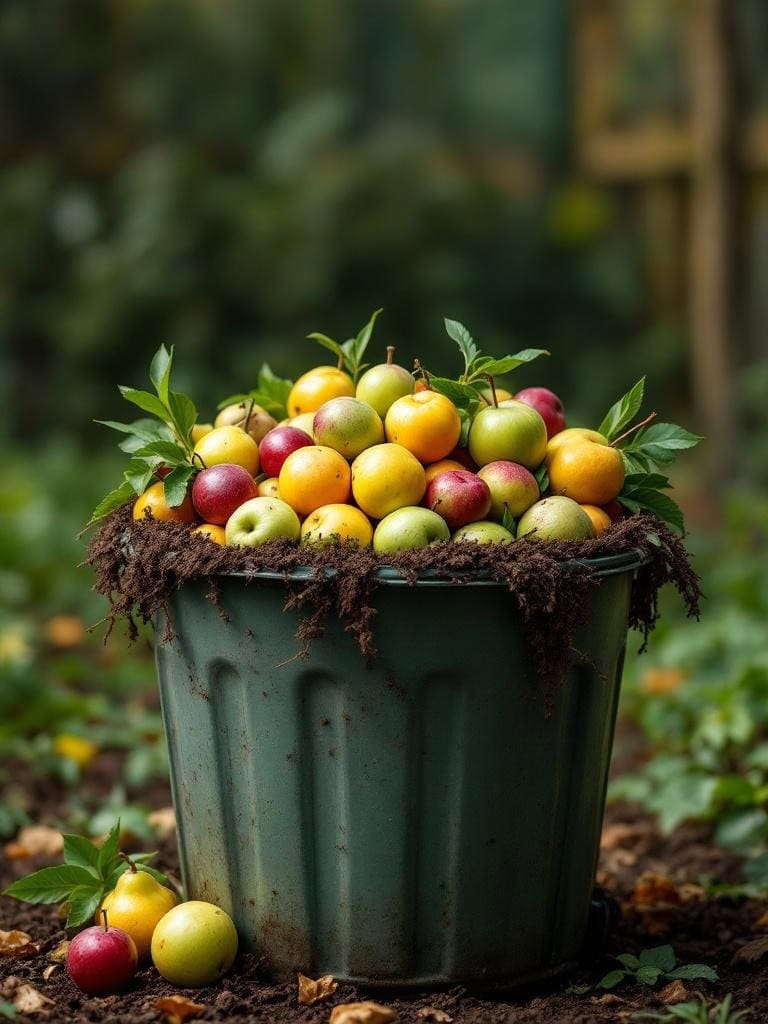 A green trash bin filled with colorful overripe fruits, surrounded by soil and greenery.