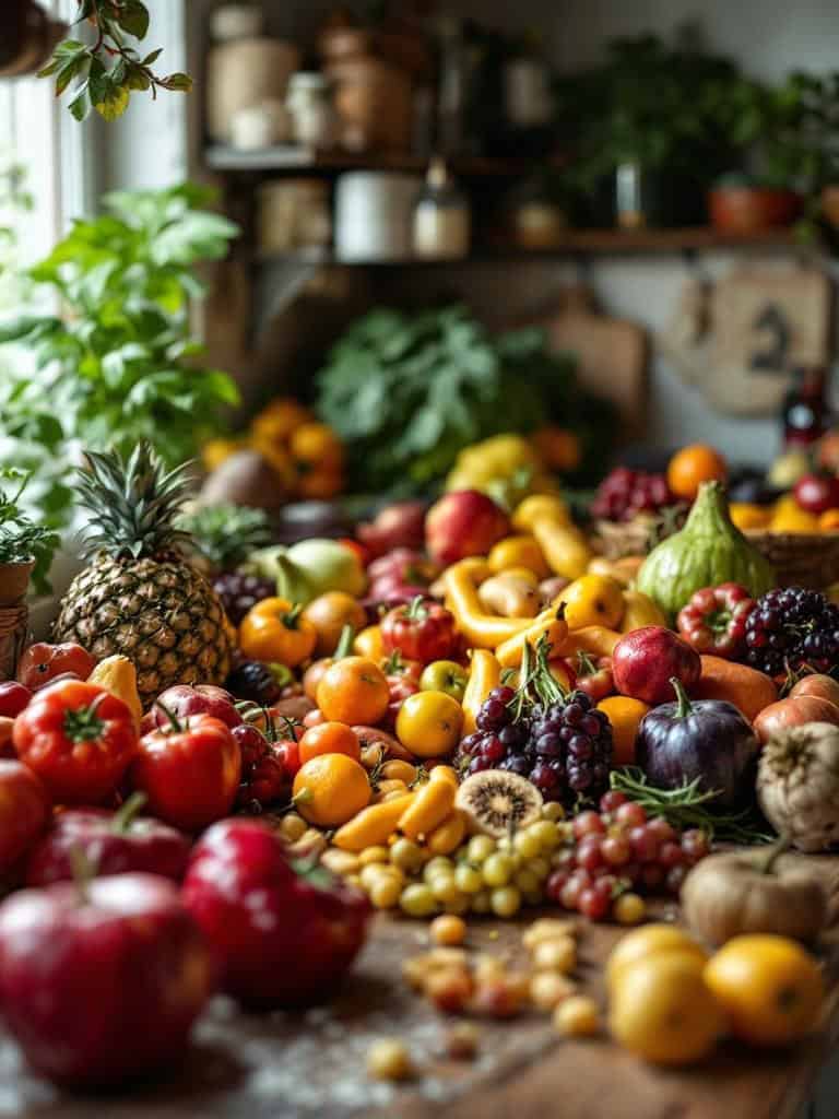 A variety of fresh fruits and vegetables on a wooden table, showcasing potential breeding grounds for fruit flies.