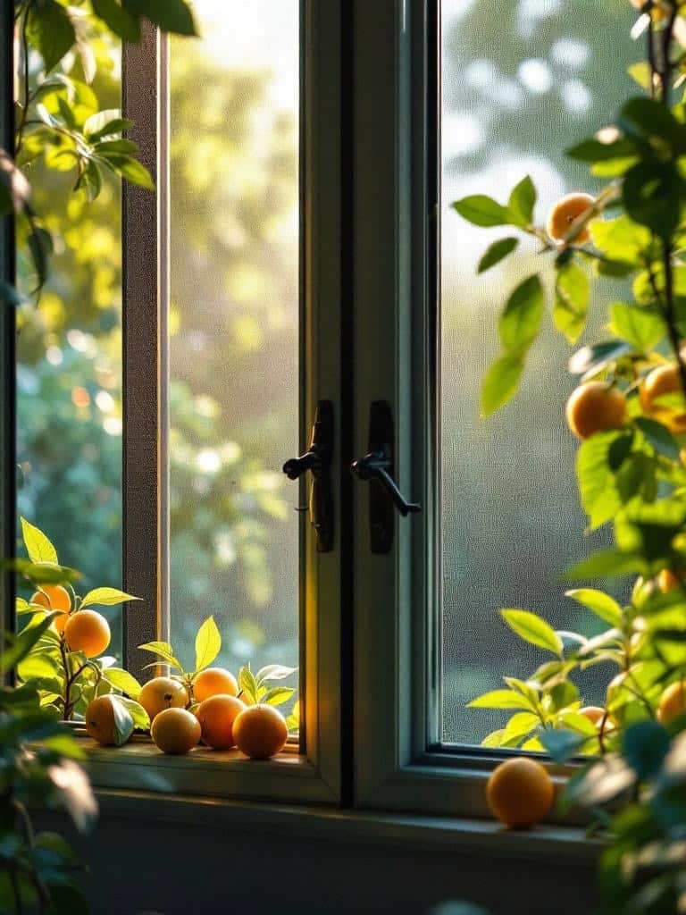 A window with plants and fruit, illustrating the importance of sealing entry points to deter fruit flies.