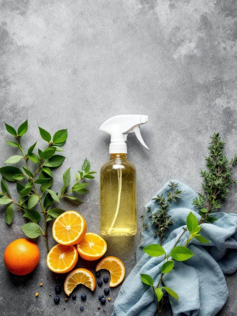 A spray bottle surrounded by oranges, blueberries, and green leaves on a gray surface.