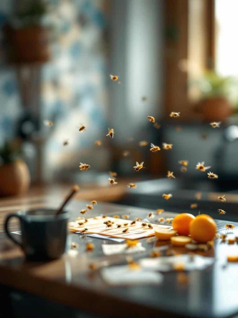 A kitchen scene with sticky traps set up to catch fruit flies.
