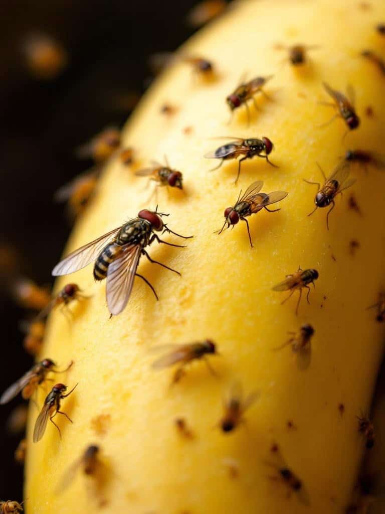 Close-up of fruit flies on a banana.