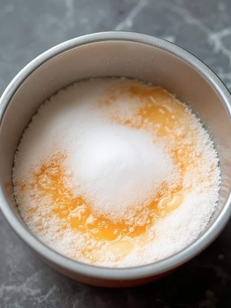 A bowl with a mixture of baking soda and vinegar, bubbling and fizzing.
