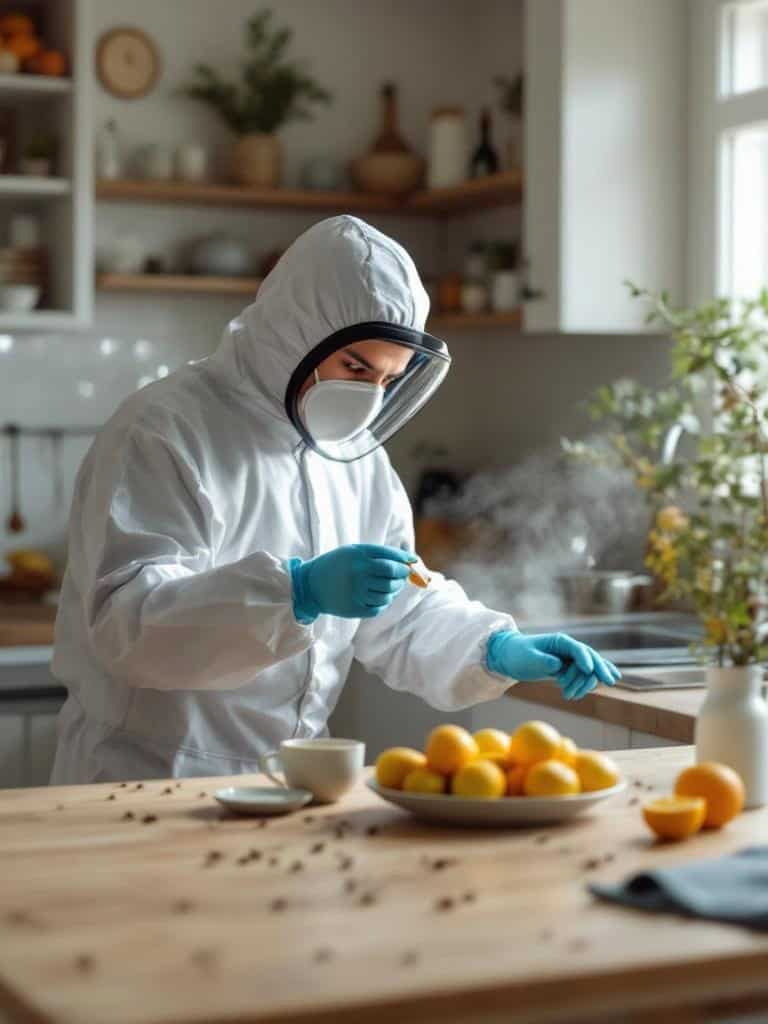 A person in protective gear applying pest control measures in a kitchen with fruit.
