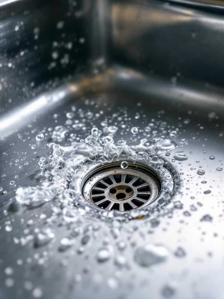 Water flowing down a clean kitchen sink drain.