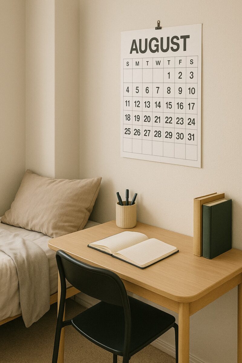 A well-organized study space featuring a large calendar on the wall, pens, and books.
