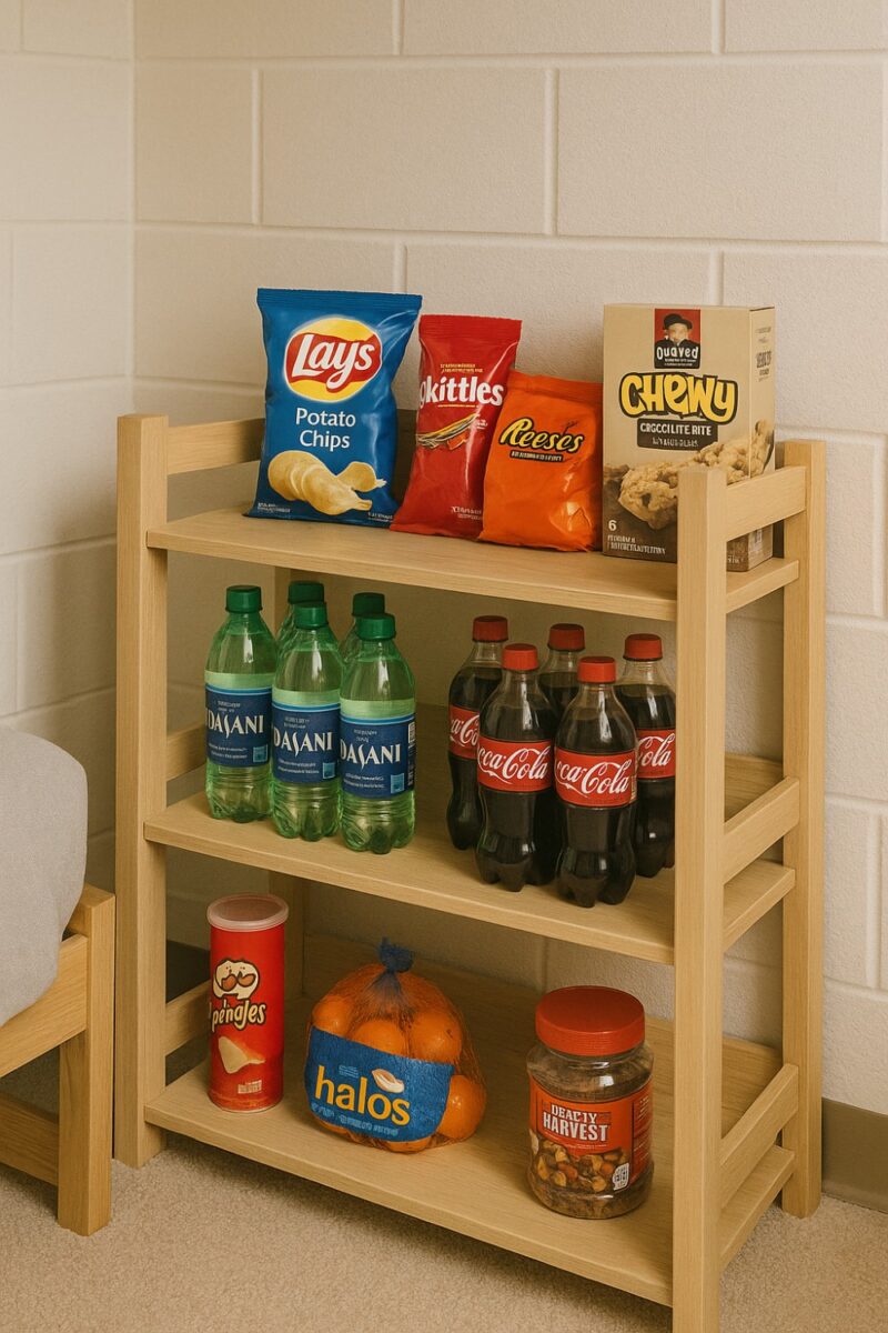 A small shelf with snacks and drinks organized in a dorm room.