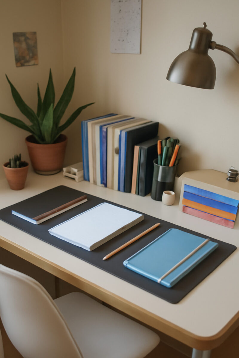 A neatly organized study space with notebooks, textbooks, and stationery on a desk.