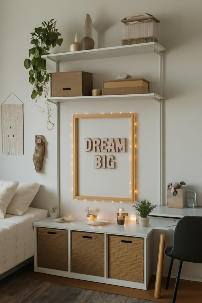 A cozy corner with shelves, plants, and soft lighting, creating an inspiring atmosphere.