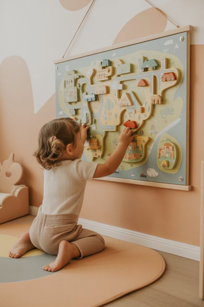 A child interacting with a wall-mounted toy map in a playroom.