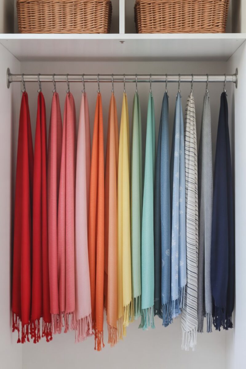 A closet with neatly organized scarves hanging on a tension rod, showcasing a rainbow of colors.