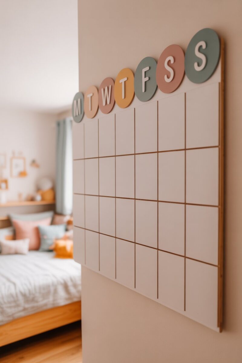 A colorful interactive calendar for kids' chores in a bedroom.