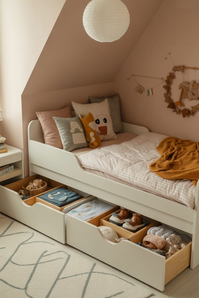 A cozy children's bedroom with under-bed storage drawers filled with toys and clothes.