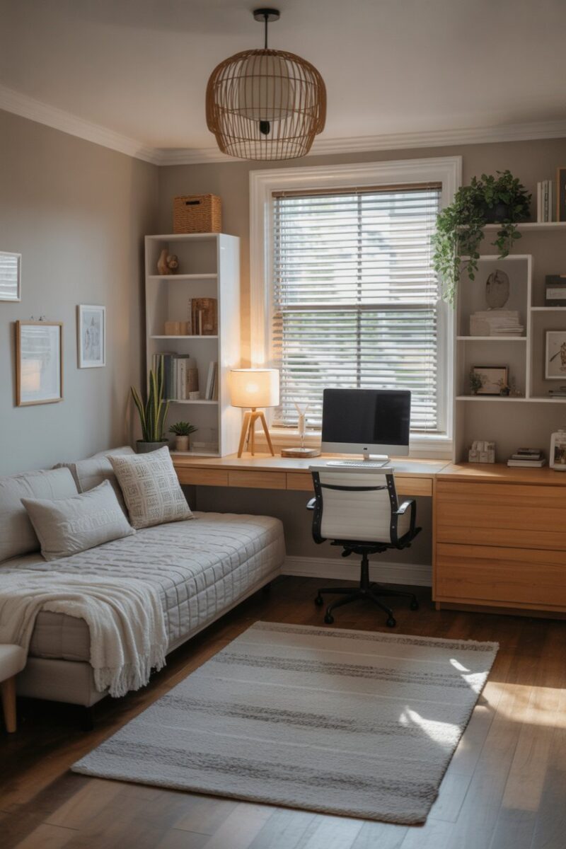 A cozy college bedroom featuring a sofa bed, desk, and decorative elements.