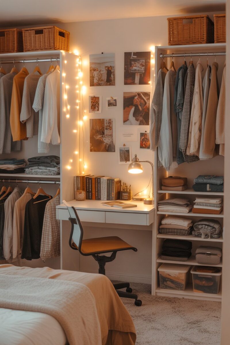 A cozy dorm closet with string lights, personal photos, and a small desk.