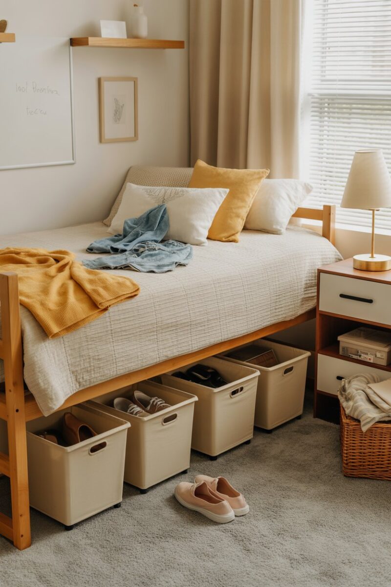 A cozy dorm room with under-bed storage bins filled with shoes and clothes.
