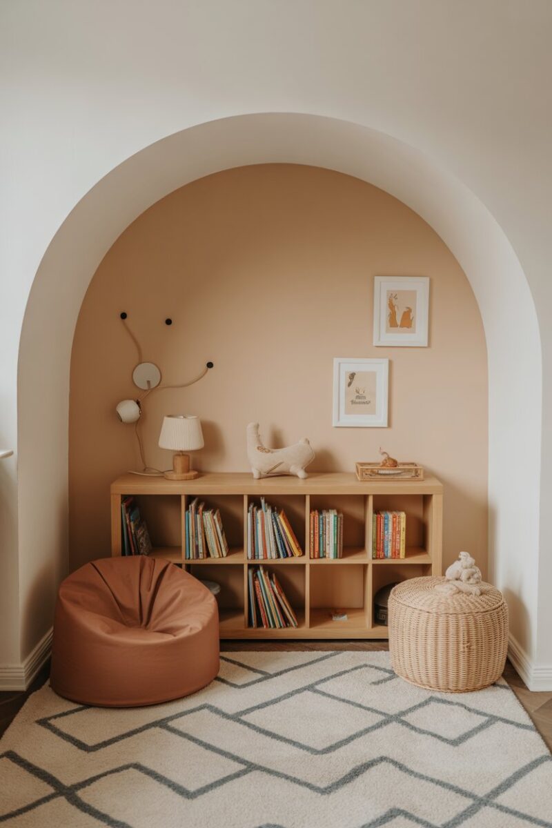 A cozy reading nook with a low bookshelf filled with children's books and a comfortable bean bag chair.