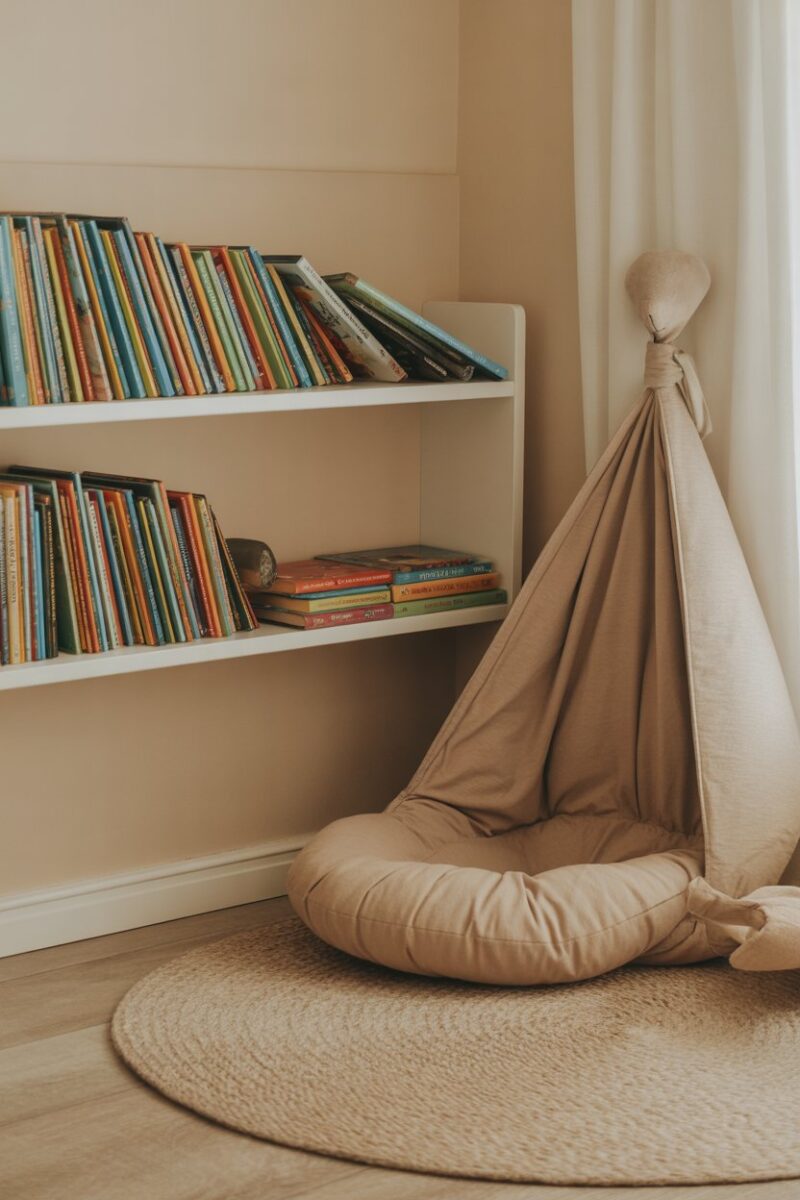 A cozy reading nook with a shelf of books and a soft cushion.
