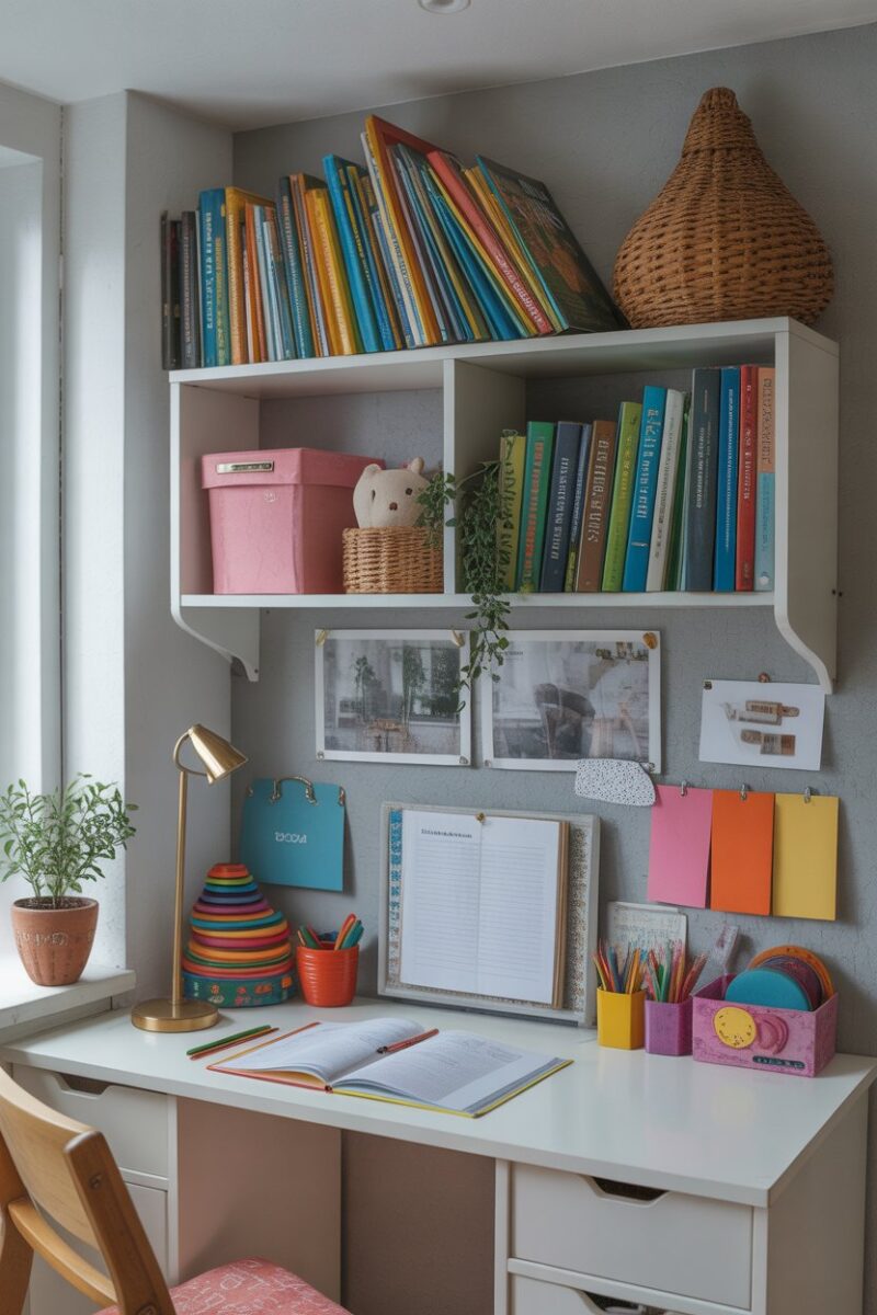A creative homework station with bookshelves, a desk, and colorful stationery.